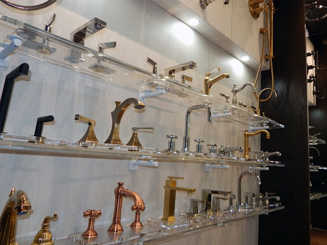 Bathroom faucet display at Green Art Plumbing Supply Showroom