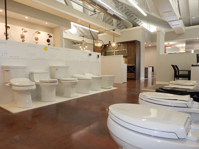 Toilets in the Green Art Plumbing Supply Showroom