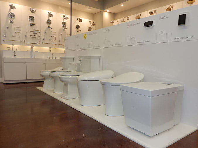 Line of toilets available in the Green Art Plumbing Supply Showroom